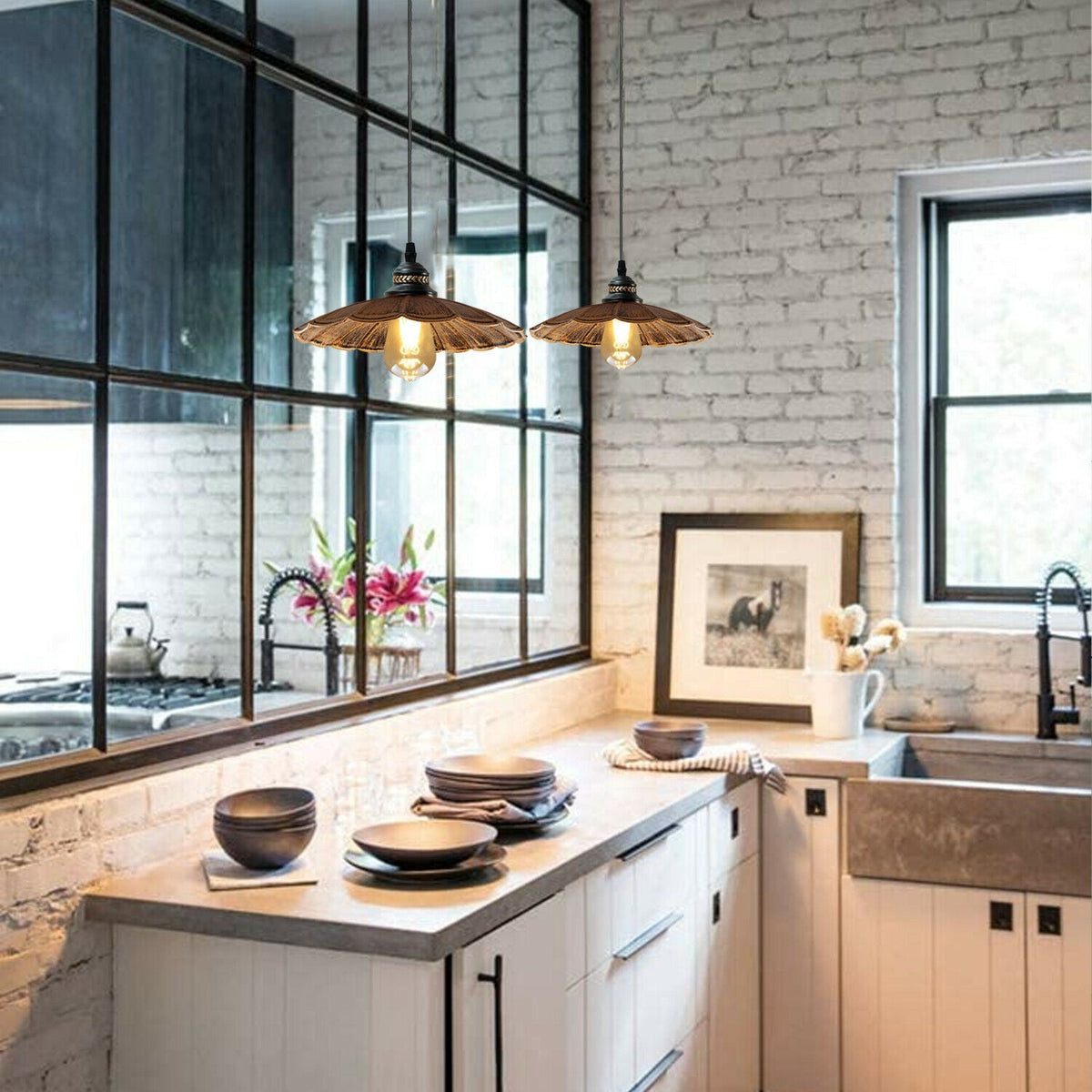 Industrial Brushed Copper Pendant Light | Retro Wavy Umbrella Ceiling Lamp E27 ~1411