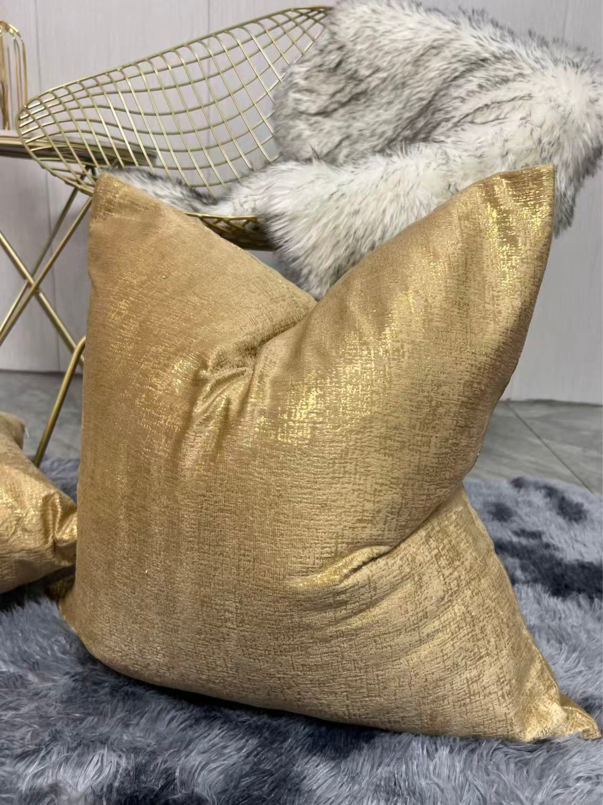 Luxury Gold Metallic Textured Velvet Cushion Cover