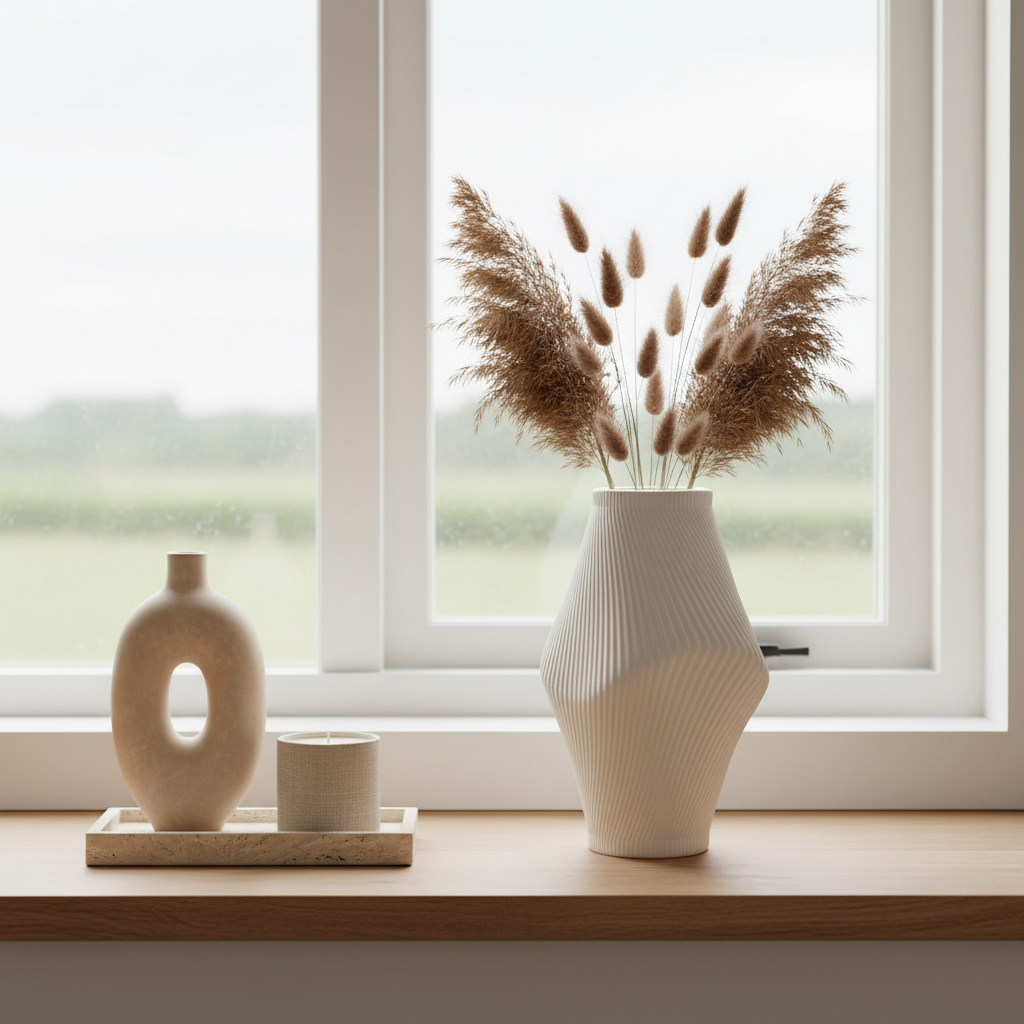Modern Beige Sculptural Ribbed Vase