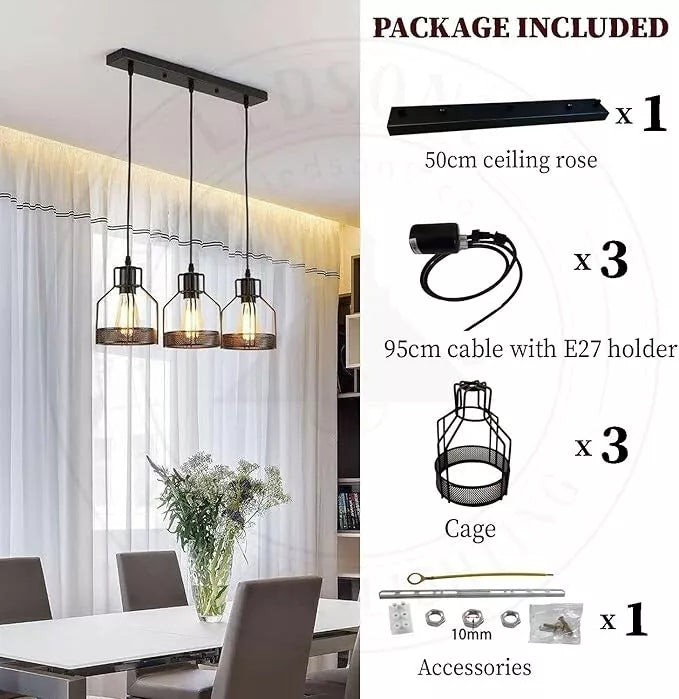 Black Diamond Wire Cage Hanging 3 Pendant  Light Fixture ~4800