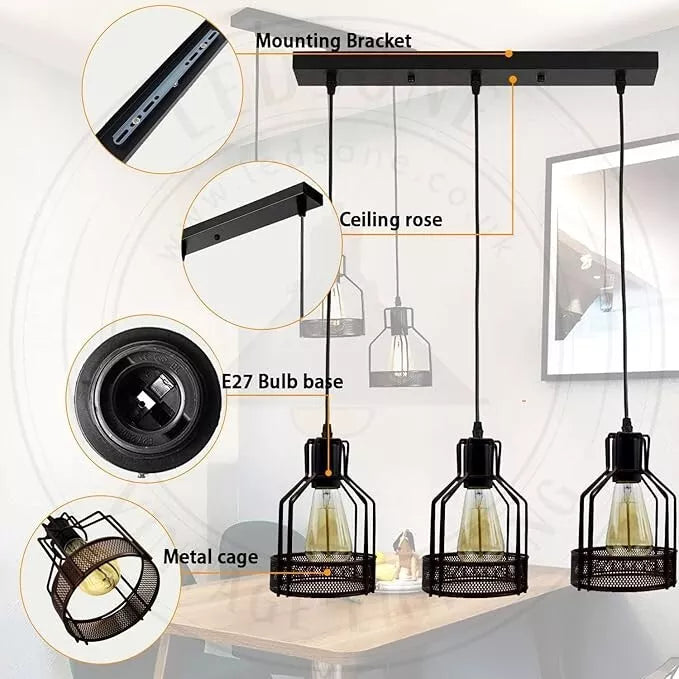 Black Diamond Wire Cage Hanging 3 Pendant  Light Fixture ~4800